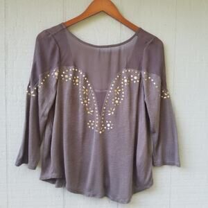 Kimchi Blue Grey Studded Mesh LS Top Deep V Medium
